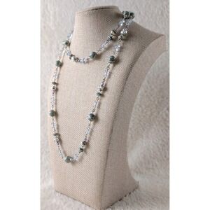 Long Beaded Necklace Blue‎ Crystal Glass Stone Silver Tone Layering Boho